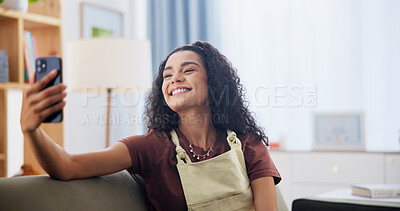 Buy stock photo Phone, video call and woman on couch in home with communication, greeting and online conversation. Happy, laugh and female person with tech for virtual discussion with networking in living room