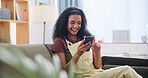 Smile, scroll and woman on sofa with phone for text, notification or online dating app in home. Communication, connection and happy person in living room with tech for social media, message or chat