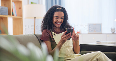 Buy stock photo Smile, scroll and woman on sofa with phone for text, notification or online dating app in home. Communication, connection and happy person in living room with tech for social media, message or chat