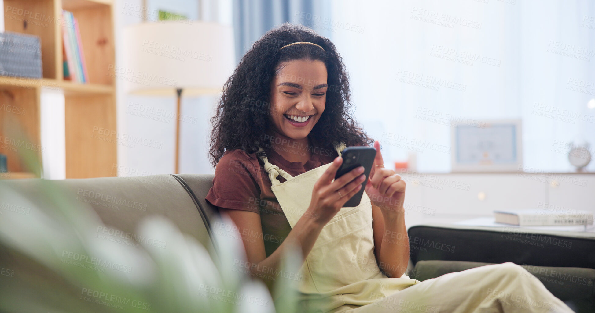 Buy stock photo Smile, scroll and woman on sofa with phone for text, notification or online dating app in home. Communication, connection and happy person in living room with tech for social media, message or chat