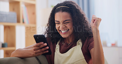 Buy stock photo Home, fist pump and woman excited with phone for winning with discount, deal and wow on internet. Happy person, girl and tech in living room with announcement, omg and victory with celebration