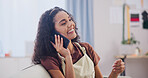 Woman, phone call and smile in home for bonding, conversation and funny gossip on sofa. Female person, social network and communication for story, discussion and talking or relax on living room couch