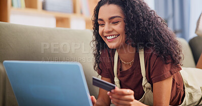 Buy stock photo Credit card, laptop and smile with woman on couch for online shopping, ecommerce and sale. Digital payment, banking website and person in living room of home for deal, transaction or subscription