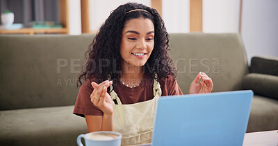 Buy stock photo Woman, video call and laptop in living room in virtual meeting, webinar and connection for presentation. Remote work, smile or discussion with tech for online training, conversation or chat in home