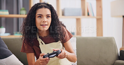 Buy stock photo Home, controller and woman with video game, smile and excited with weekend break and relax in living room. Person, gamer and girl on couch with esports, entertainment and happiness with console