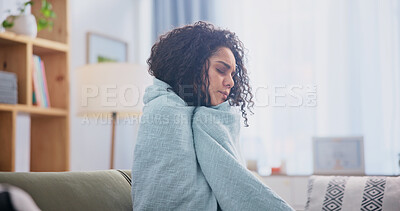 Buy stock photo Cold, woman and sick with blanket in home for viral infection, high temperature and fatigue. Body pain, unwell person and fever chills on sofa from seasonal illness, rhinovirus and influenza recovery