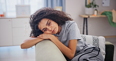 Buy stock photo Woman, tired and stress on sofa in home with burnout, mental health crisis and frustrated. Psychology, person with depression and tension with anxiety, trauma and doubt on couch in living room