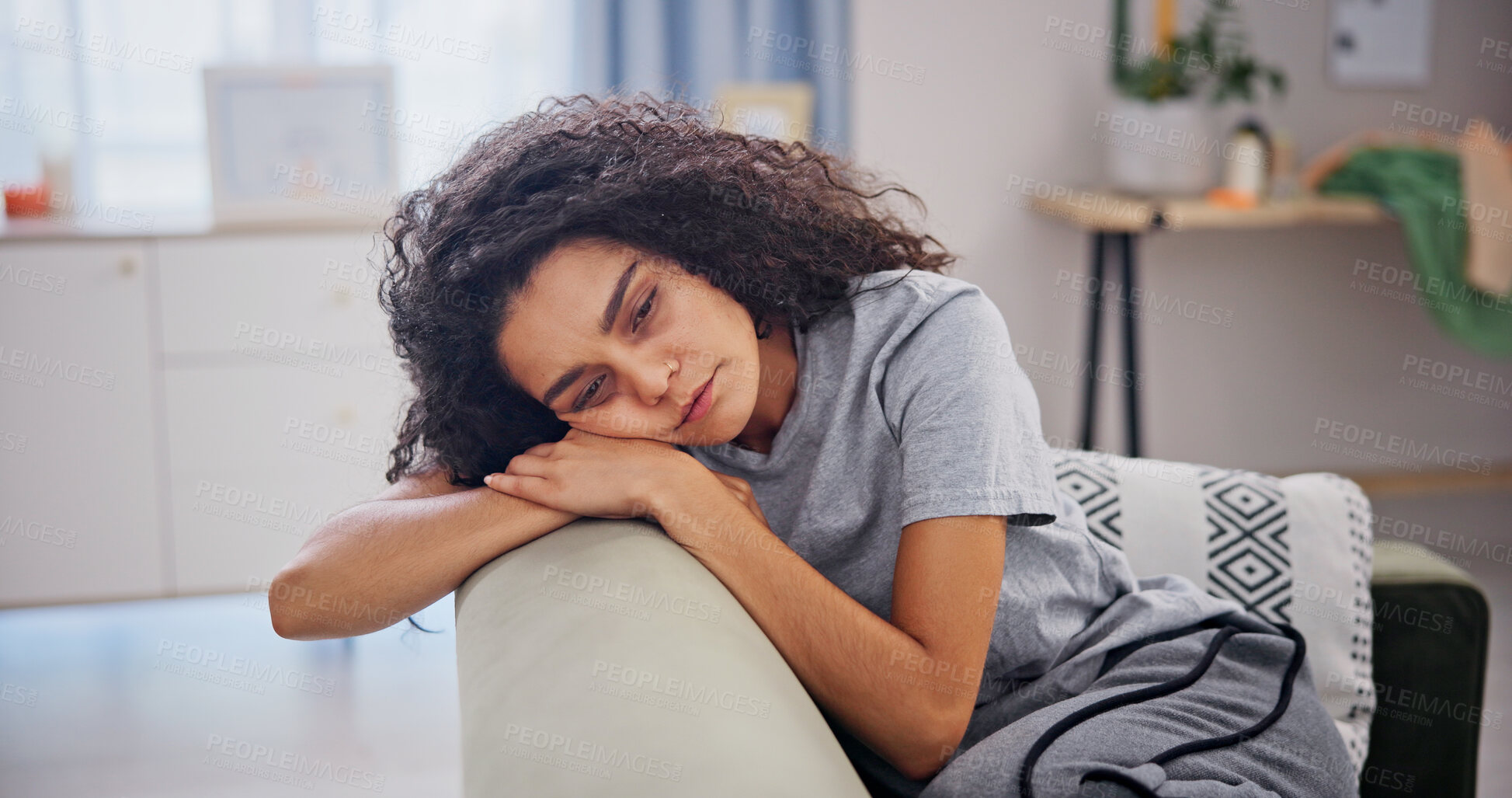 Buy stock photo Woman, tired and stress on sofa in home with burnout, mental health crisis and frustrated. Psychology, person with depression and tension with anxiety, trauma and doubt on couch in living room