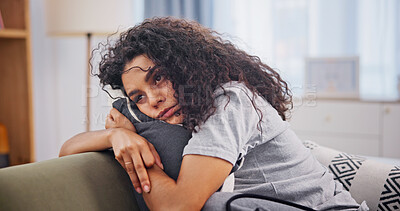Buy stock photo Woman, trauma and tired on sofa in home with insomnia, mental health crisis and burnout risk. Psychology, person with depression and headache with anxiety, doubt and stress on couch in living room