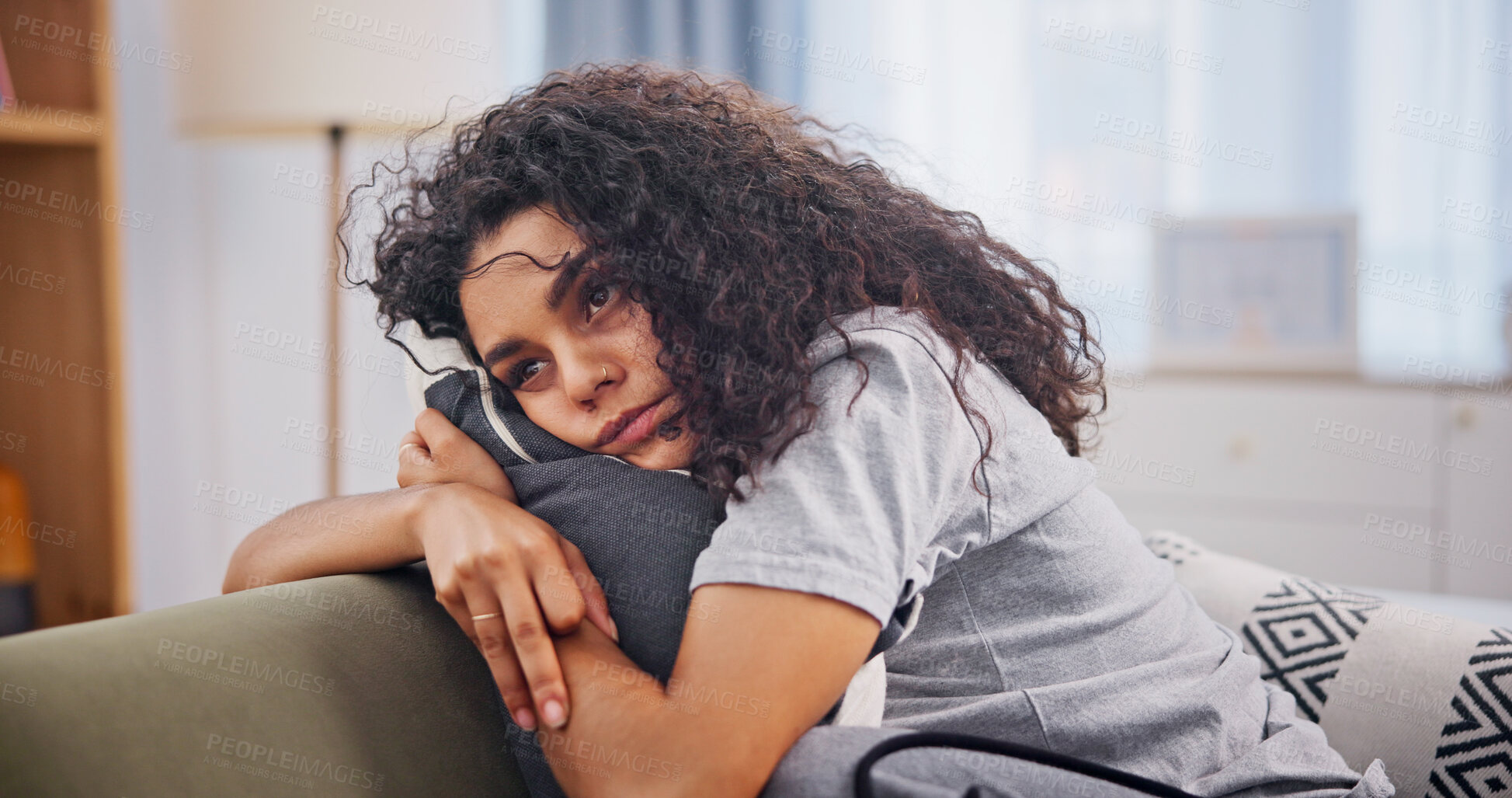 Buy stock photo Woman, trauma and tired on sofa in home with insomnia, mental health crisis and burnout risk. Psychology, person with depression and headache with anxiety, doubt and stress on couch in living room