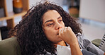 Woman, biting nails and stress on sofa in home with burnout, mental health crisis and frustrated. Psychology, person with depression and tension with anxiety, trauma and fear on couch in living room