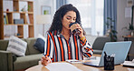 Coffee break, laptop and paperwork with woman for remote work, calendar or planning in home. Business, administration and schedule with freelance employee and reminder, agenda or appointment notes