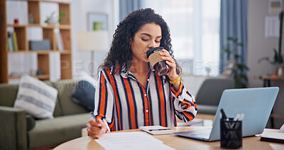 Buy stock photo Coffee break, laptop and paperwork with woman for remote work, calendar or planning in home. Business, administration and schedule with freelance employee and reminder, agenda or appointment notes