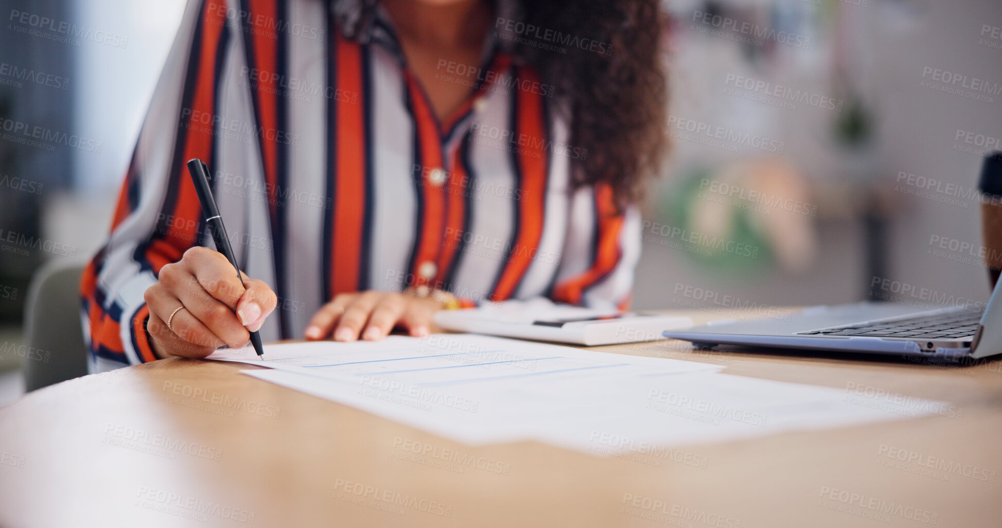 Buy stock photo Hands, remote work and writing with woman in home office for contract, paperwork or signature. Agenda, approval and documents with freelance employee at table in apartment for administration