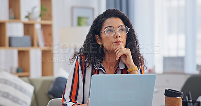 Buy stock photo Laptop, remote work and thinking with woman in home office for planning, research or solution. Computer, future and vision with freelance employee at table in apartment for ideas or problem solving