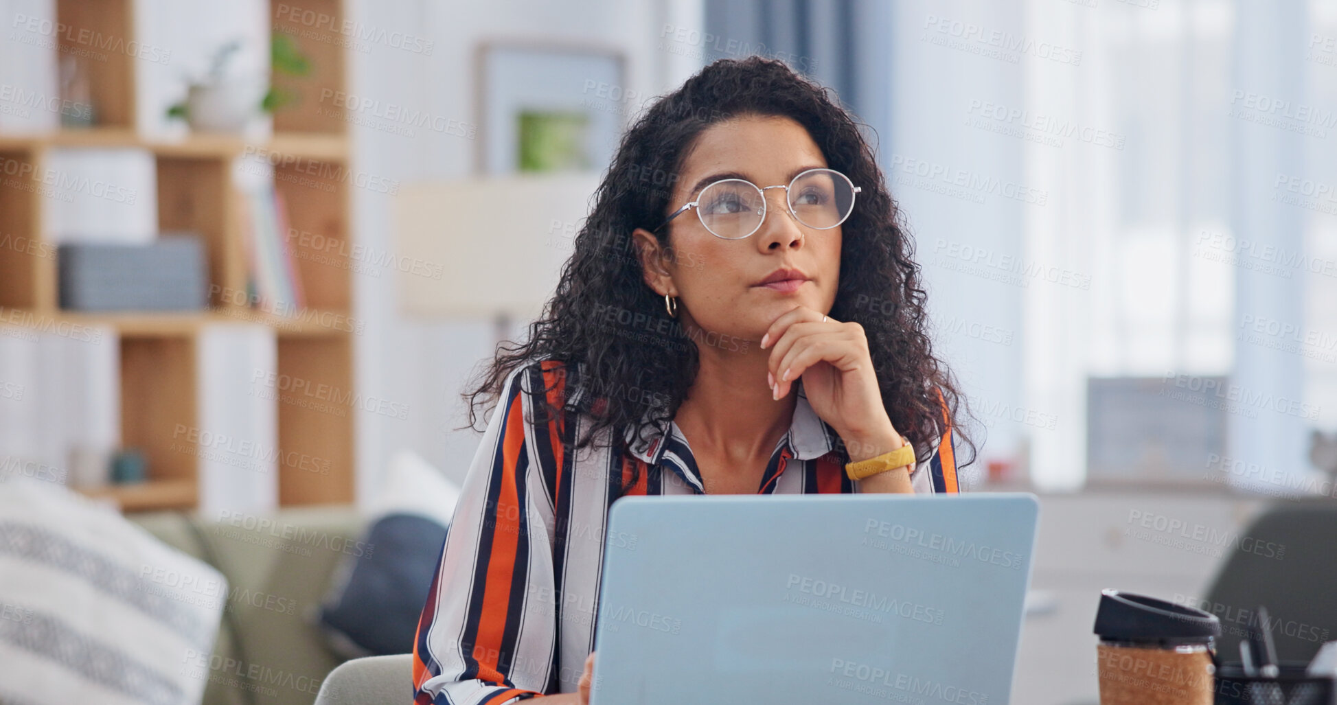 Buy stock photo Laptop, remote work and thinking with woman in home office for planning, research or solution. Computer, future and vision with freelance employee at table in apartment for ideas or problem solving