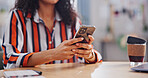 Hands, home and woman with phone for remote work, internet and online chat for break. Freelancer, typing and person on cellphone for social media, website and contact for wfh, connection and email