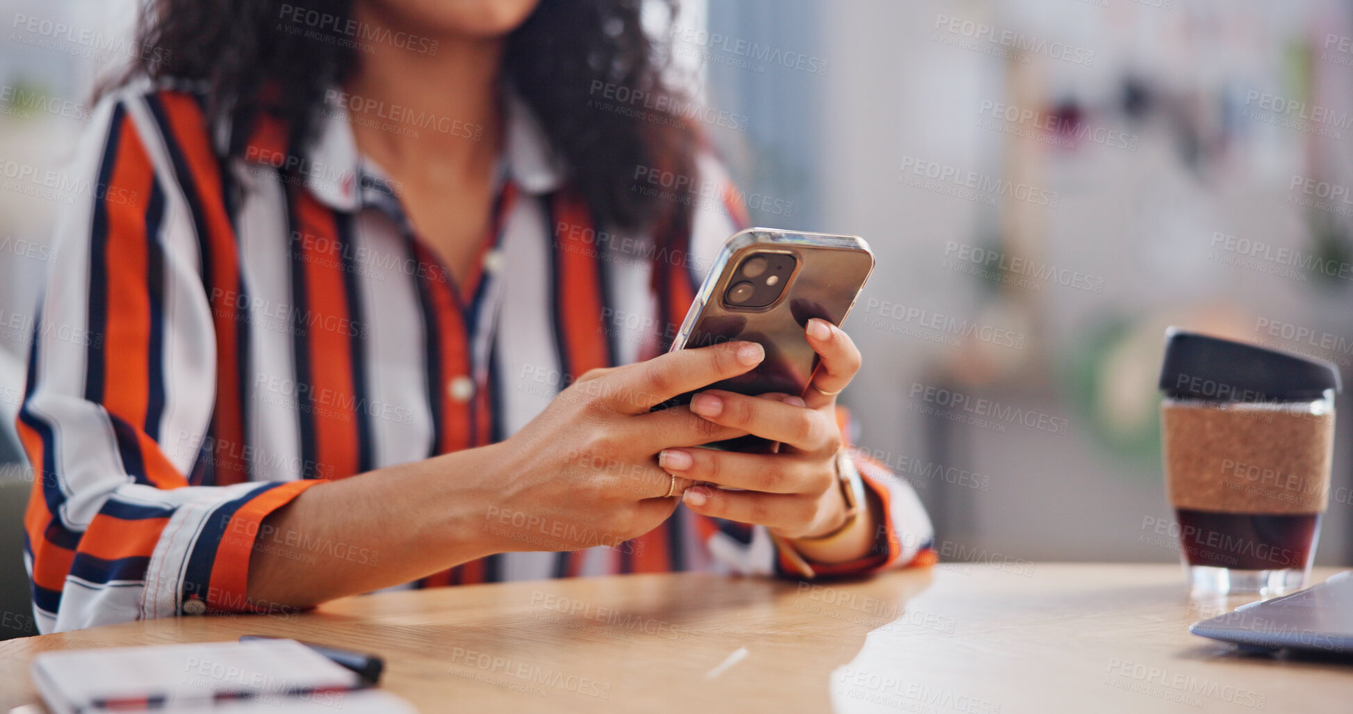 Buy stock photo Hands, home and woman with phone for remote work, internet and online chat for break. Freelancer, typing and person on cellphone for social media, website and contact for wfh, connection and email