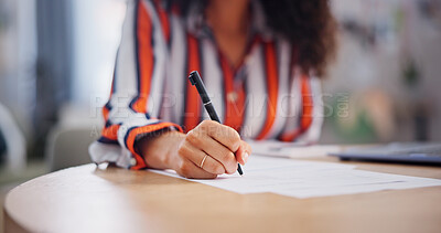 Buy stock photo Hands, laptop and writing with person for remote work, calendar or planning in home office. Business, administration and schedule with freelance employee and reminder, agenda or appointment notes