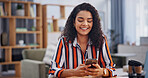 Happy, home and woman with phone for remote work, internet and online chat for break. Freelancer, typing and person on cellphone for social media, website and contact for wfh, connection and email