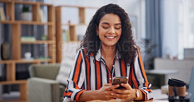 Buy stock photo Happy, home and woman with phone for remote work, internet and online chat for break. Freelancer, typing and person on cellphone for social media, website and contact for wfh, connection and email