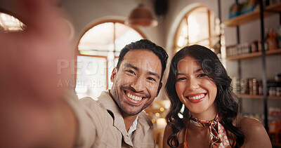 Buy stock photo Selfie, happy and portrait of couple in restaurant on anniversary, bonding or weekend date. Smile, love and man with woman for photography picture with connection in marriage together in diner.