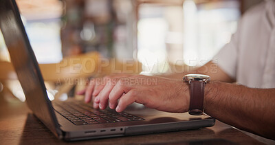 Buy stock photo Creative, research and hands with laptop in cafe, copywriting and freelance project on social media. Copywriter, online and person with technology, remote work and email marketing with app in shop