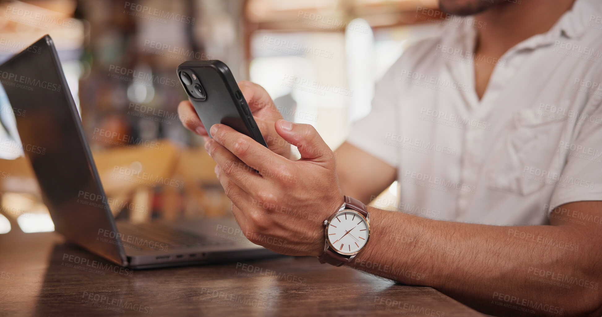 Buy stock photo Laptop, research and hands with phone in cafe, copywriting and freelance assignment on social media. Copywriter, online and person with technology, remote work and email marketing with mobile in shop