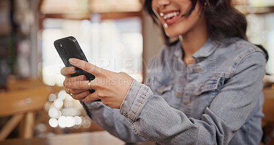 Buy stock photo Hands, phone and relax with woman in restaurant for online review, communication and menu search. Coffee shop rating, typing and contact with person and tech for social media, scroll and chat