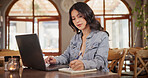 Writing, restaurant and woman on laptop for remote work, online article and research for story. Coffee shop, notebook and person on computer for planning, copywriting and ideas for freelance career