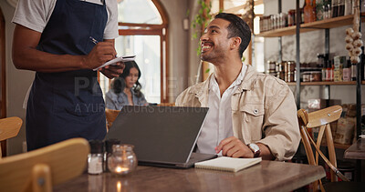 Buy stock photo Laptop, order and waiter with man in restaurant for menu option, freelancer and lunch break. Smile, cafe and remote worker with customer in coffee shop for drinks request, hospitality and tech