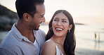 Love, tender or couple at beach with smile, romantic moment or bonding together on summer holiday. Care, space or people with security, partner connection or happy relationship on outdoor trip.