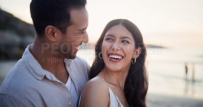 Buy stock photo Love, tender or couple at beach with smile, romantic moment or bonding together on summer holiday. Care, space or people with security, partner connection or happy relationship on outdoor trip.