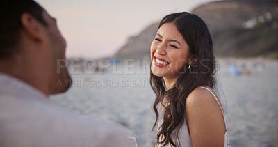 Buy stock photo Love, woman and couple at beach with smile, romantic moment and bonding together on summer holiday. Care, trip and people with security, partner connection and happy relationship on outdoor date.