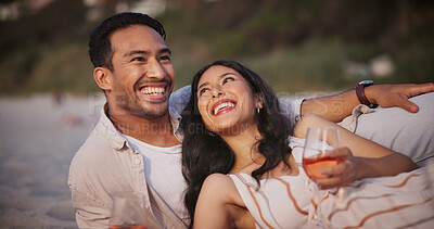 Buy stock photo Love, happy or couple at beach with wine glass, holiday together or bonding on anniversary celebration. Smile, honeymoon or people with drink, partner connection or special moment on outdoor getaway.
