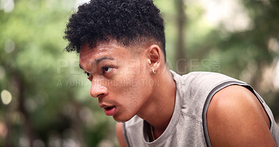 Buy stock photo Tired, man and thinking at park, fitness and breathing after physical activity or exhausted on break. Runner, fatigue and workout recovery in nature, rest and person with sweat or wellness on weekend
