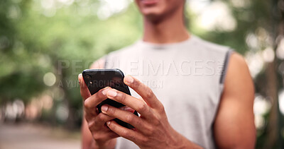 Buy stock photo Outdoor, fitness and hands with phone, online and texting on website and communication with contact. Athlete, scroll and person with mobile for chat, network or workout update on social media at park