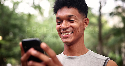 Buy stock photo Outdoor, fitness and man with phone, reading and texting with smile on social media or communication. Happy, athlete and person with mobile for chat, network and workout update on website in nature