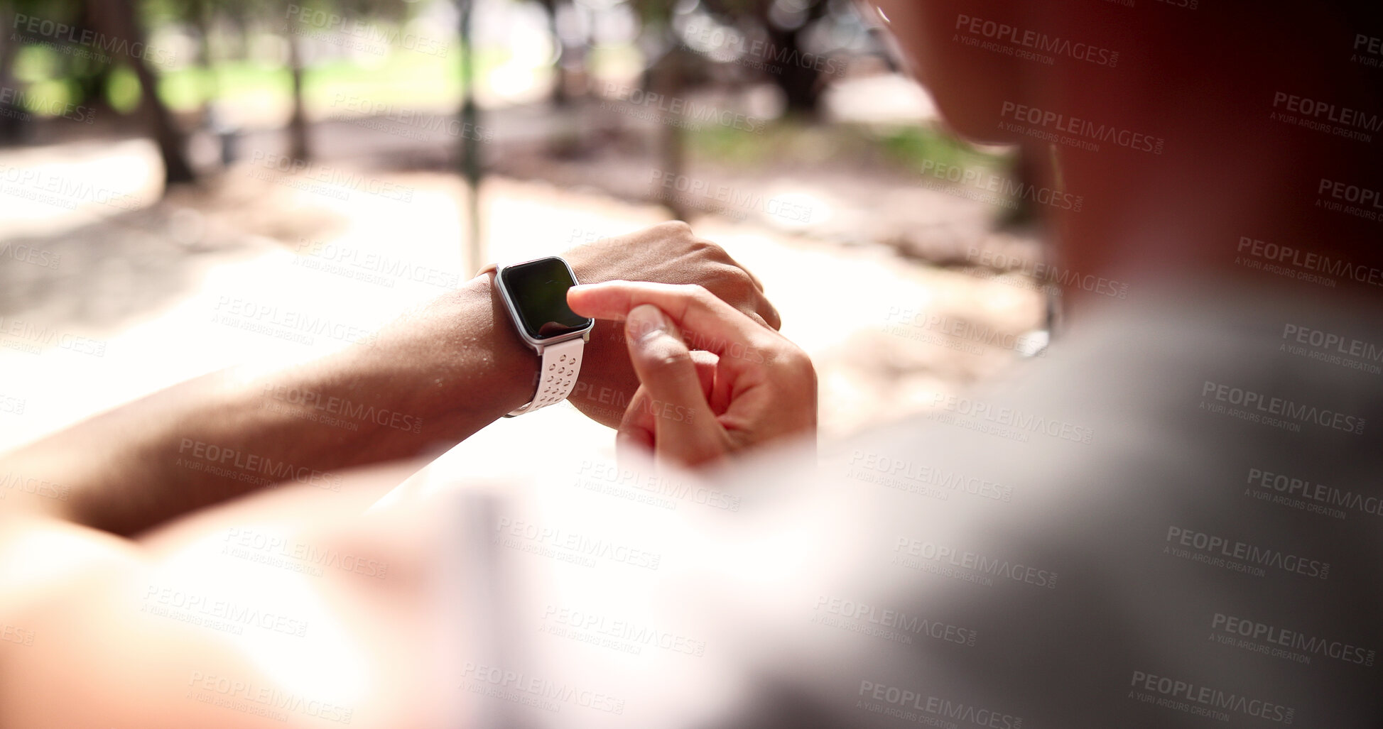 Buy stock photo Fitness, man and hands with watch for heart rate, calories or monitoring performance in nature. Active, male person or checking health with wristwatch for step counter, workout app or exercise goals