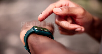 Buy stock photo Fitness, person and hands with watch for performance, calories or monitoring heart rate in nature. Active, runner or checking health with wristwatch for step counter, workout app or exercise goals