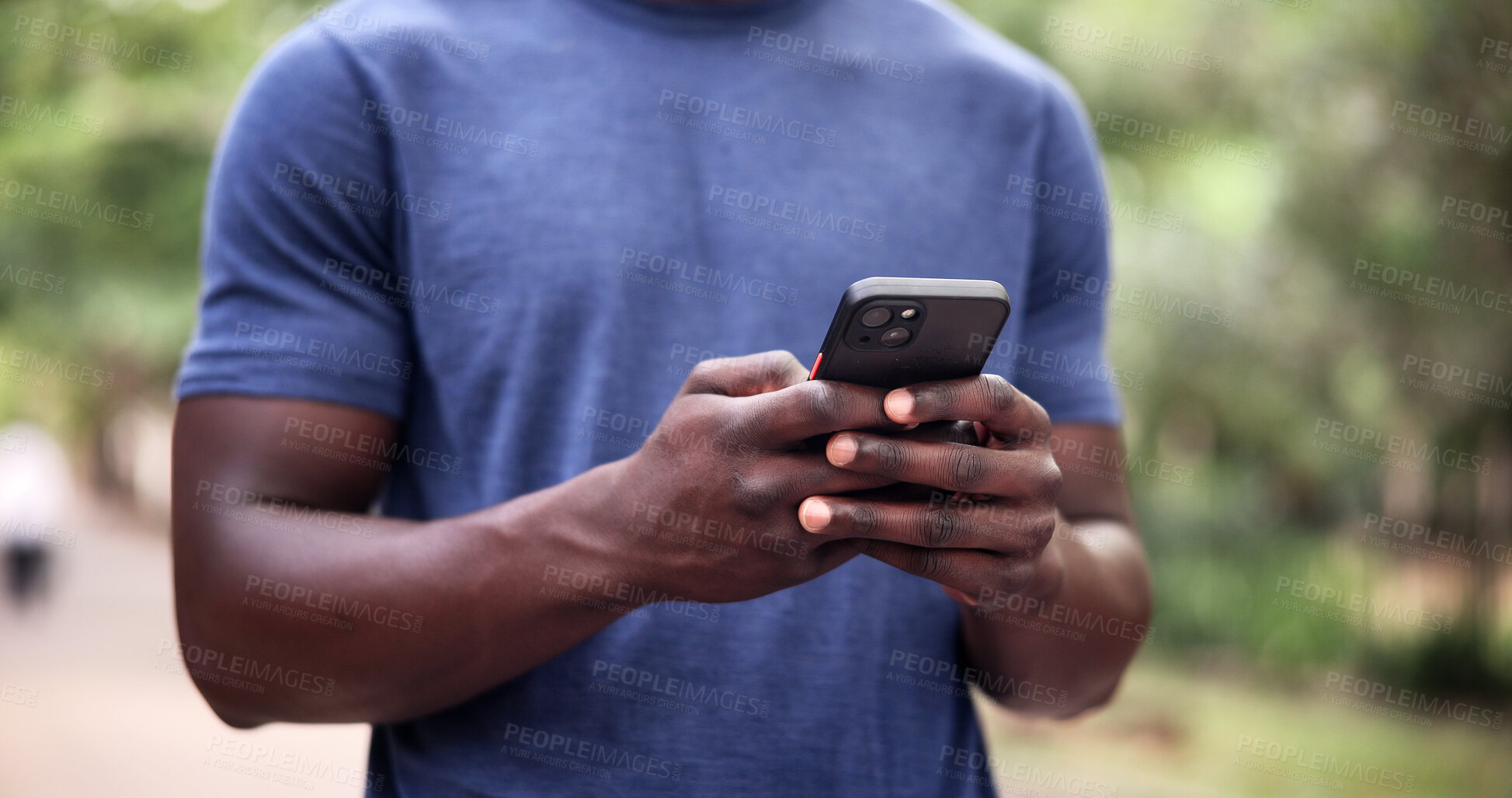 Buy stock photo Outdoor, fitness and hands with phone, chatting and texting on website or communication with contact. Athlete, scroll and person with mobile, networking and workout update on social media at park