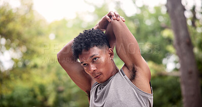 Buy stock photo Man, fitness and stretching in park for outdoor workout preparation, performance or exercise. Active, male person or getting ready with warm up or start for training, health or wellness in nature