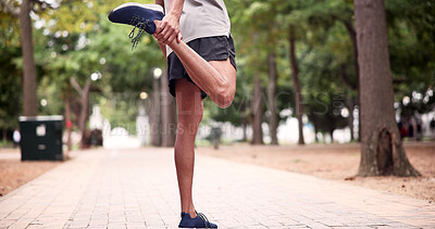 Buy stock photo Hands, man and stretching at park for fitness, getting ready and start exercise for running. Athlete, runner and warm up legs in nature for cardio training, workout and physical activity for wellness