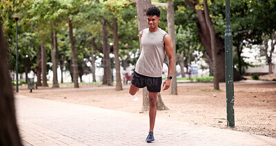 Buy stock photo Athlete, man and stretching at park for fitness, getting ready and start exercise for running. Person, runner or warm up legs in nature for cardio training, workout and physical activity for wellness