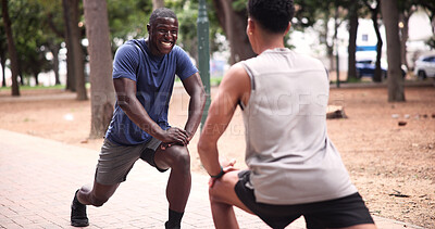Buy stock photo People, friends and stretching at park for fitness, getting ready and start exercise for running. Smile, runner and warm up lunges in nature for training, workout and physical activity for wellness