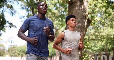 Buy stock photo Friends, running and men at park for exercise, fitness and physical activity for health or practice. Outdoor, athlete and people with workout routine, endurance and active for wellness in nature