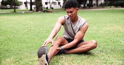 Buy stock photo Athlete, leg pain and man stretching at park, hurt and discomfort with cramp after physical activity. Outdoor, fitness and person with inflammation from workout accident, muscle strain and space