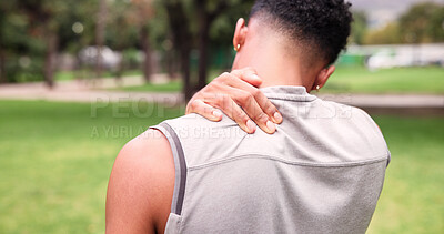 Buy stock photo Shoulder pain, runner and back of man in nature for training fatigue, accident and muscle strain. Massage, inflammation and sports injury with person outdoor for workout, pressure and tension