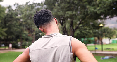 Buy stock photo Man, stretching and neck at park for fitness, getting ready and start exercise for running. Back, male person and warm up in nature for endurance training, workout and physical activity for wellness