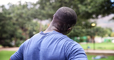 Buy stock photo Man, stretching and neck in nature for fitness, getting ready and start exercise for running. Back, male person and warm up at park for endurance training, workout and physical activity for wellness